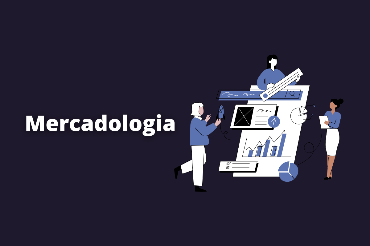 Montagem com fundo preto e nome Mercadologia em branco à esquerda e símbolo web que representa o tema à direita