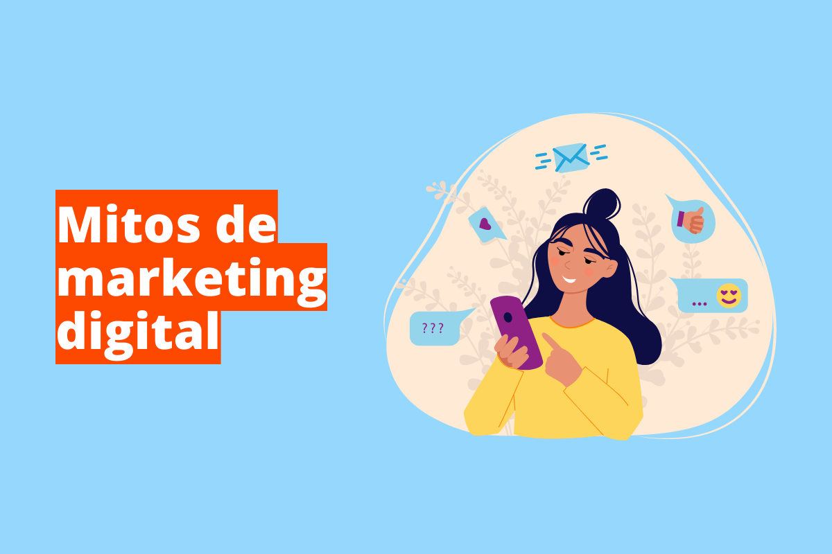 Montagem com fundo azul e frase Mitos de marketing digital em branco à esquerda com fundo laranja e símbolo web que representa o tema à direita