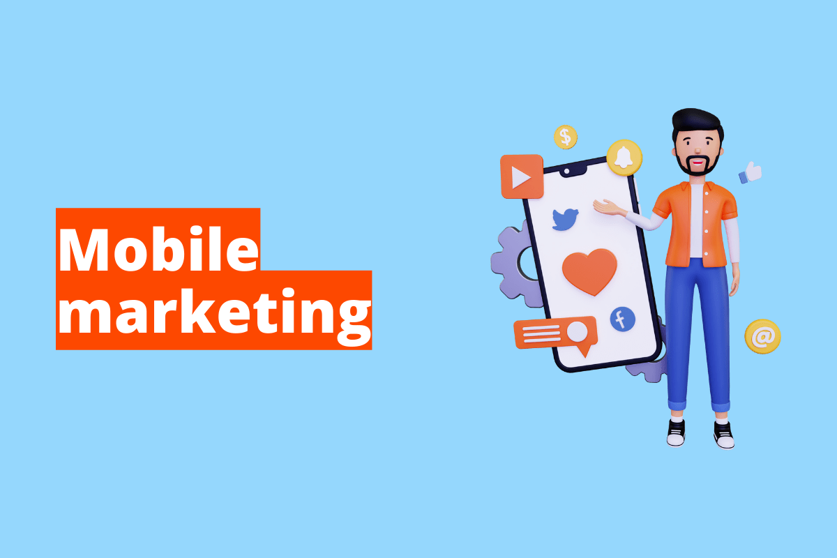 Montagem com fundo azul e frase Mobile Marketing em branco à esquerda com fundo laranja e símbolo web que representa o tema à direita