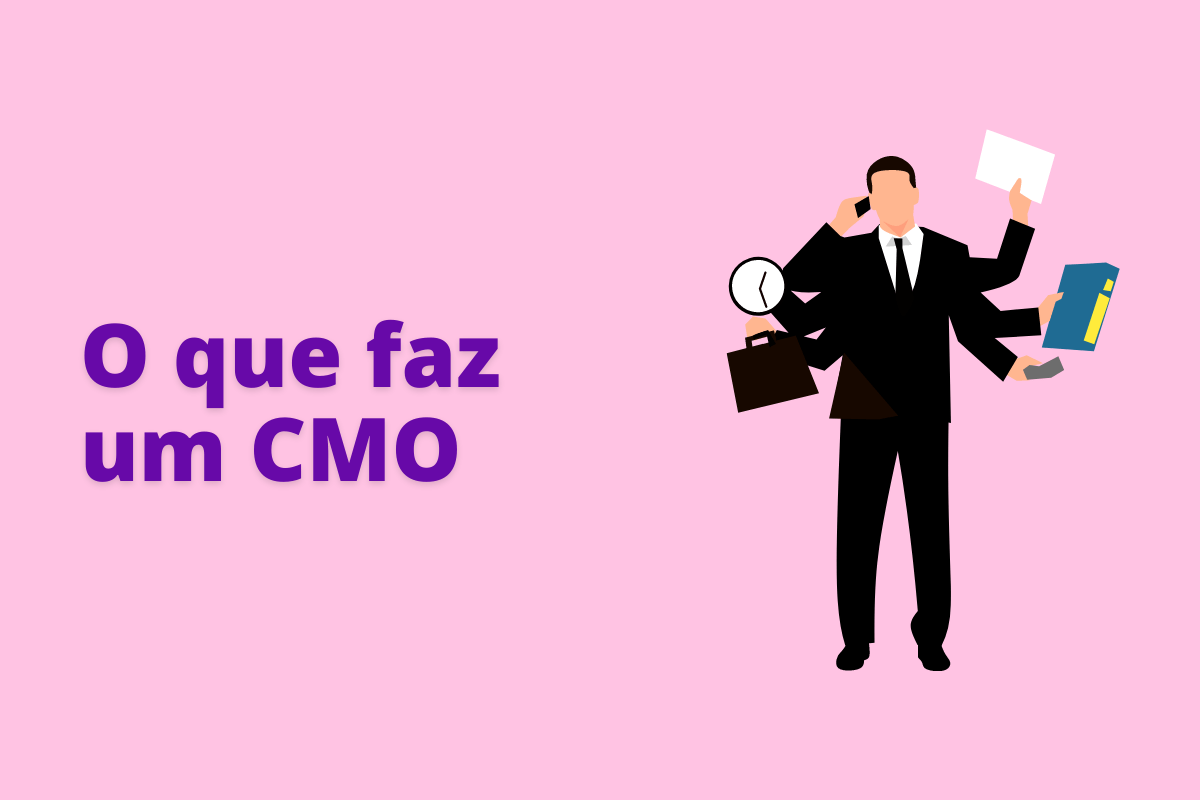 Montagem com fundo rosa e frase o que faz um CMO em roxo com símbolo web à direita que representa o tema