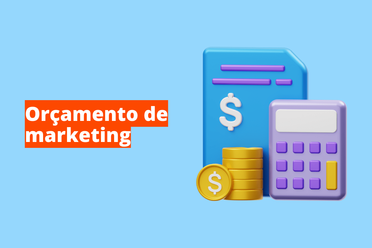 Orçamento de marketing: A imagem é um desenho e representa moedas, calculadora e também uma planilha de gastos. O fundo da imagem é azul claro e tem - se escrito Orçamento de marketing