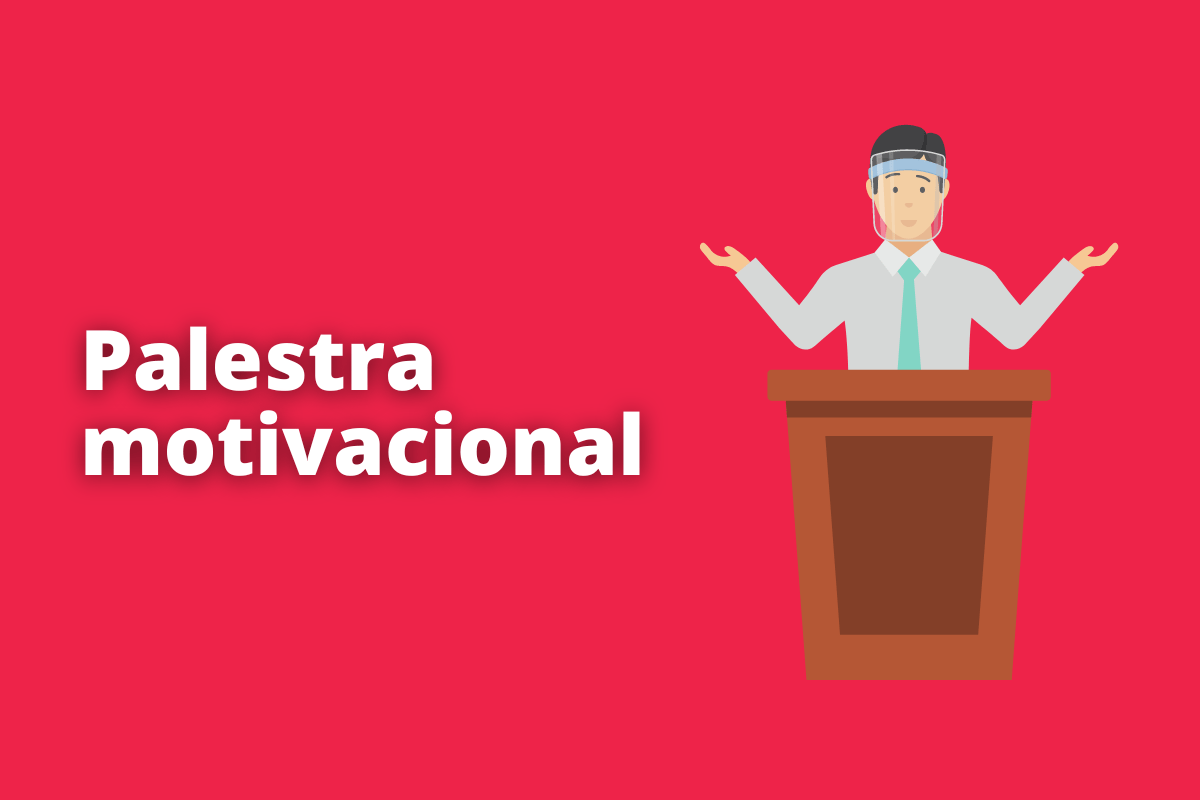 Montagem com fundo rosa escuro e nome Palestra motivacional em branco à esquerda, além de símbolo web de palestrante em palanque à direita