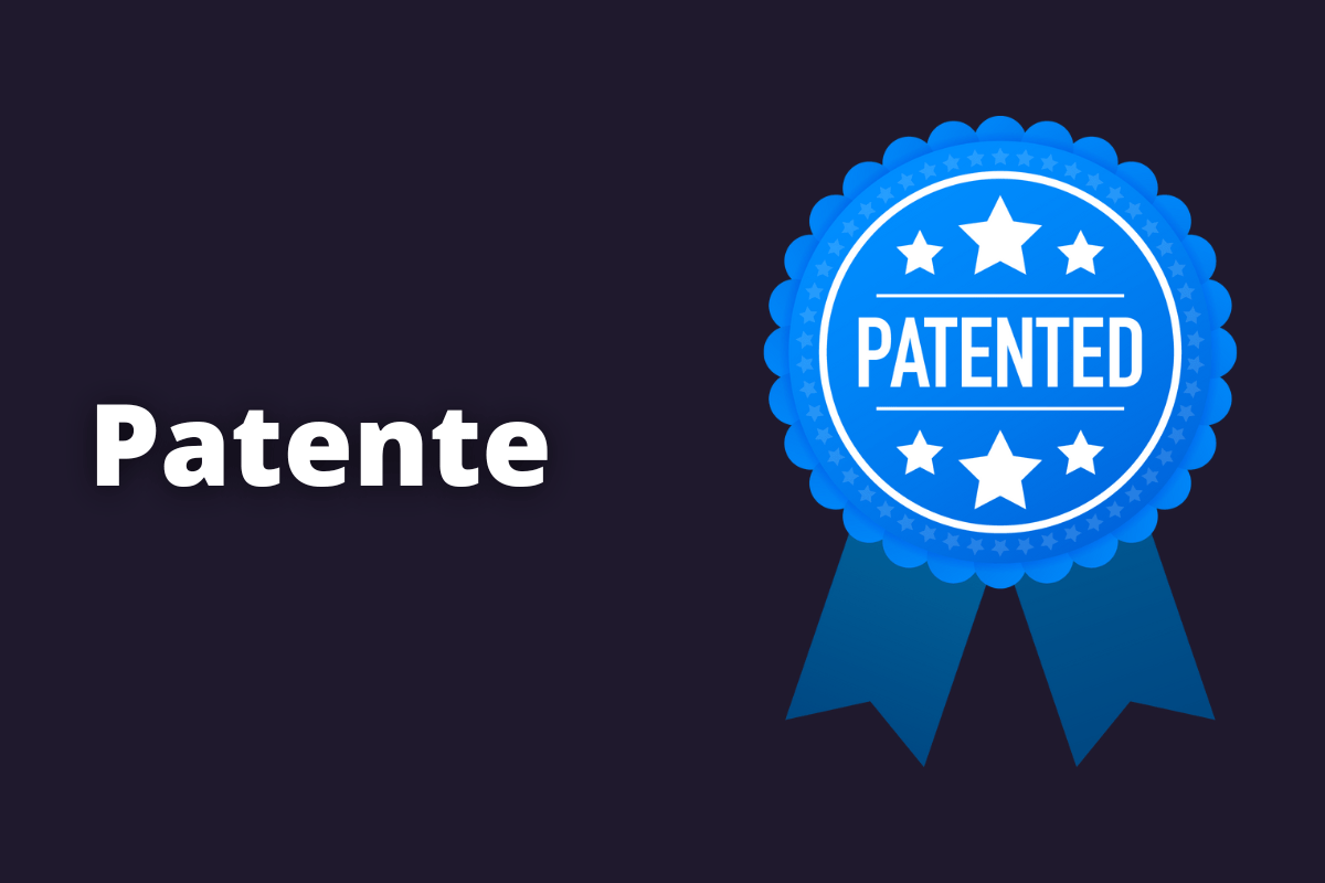 Patente: A imagem é um desenho e representa um selo azul com a palavra patente escrita. O fundo da imagem é preto e tem - se escrito Patente