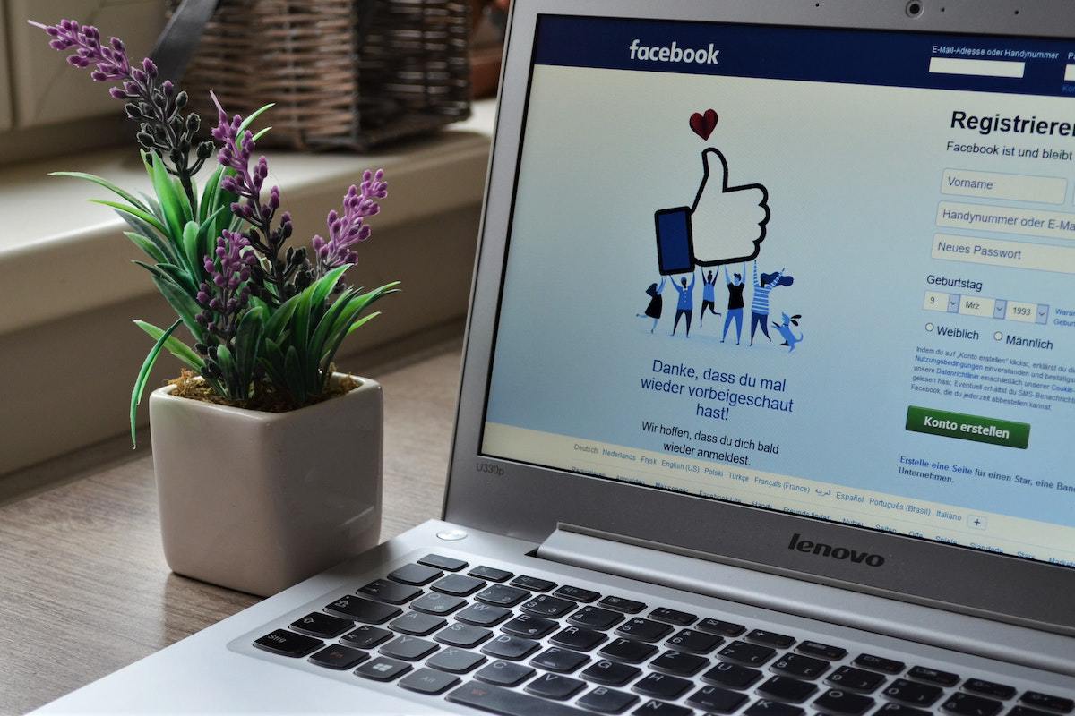Facebook: perfil em fanpage Notebook cinza em cima de mesa de madeira ao lado de planta artificial com tela de login do Facebook