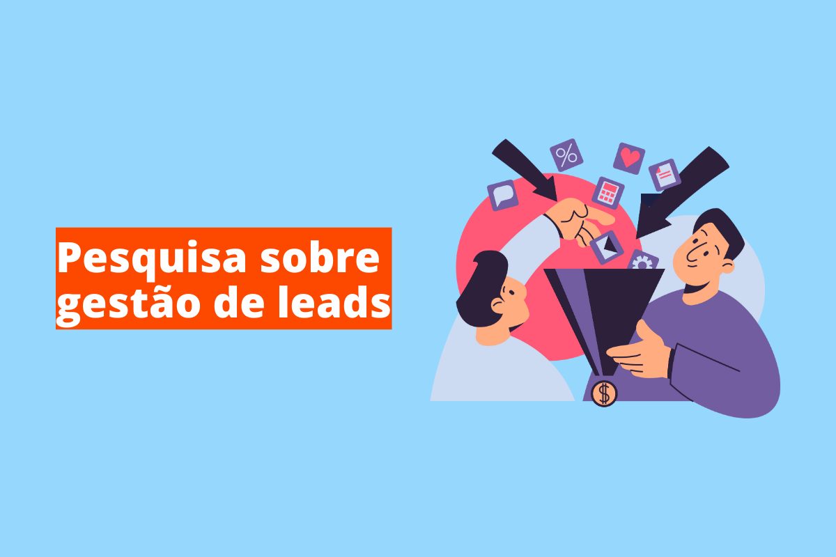 Montagem com fundo azul e frase Pesquisa sobre gestão de leads em branco à esquerda com fundo laranja e símbolo web que representa o tema à direita