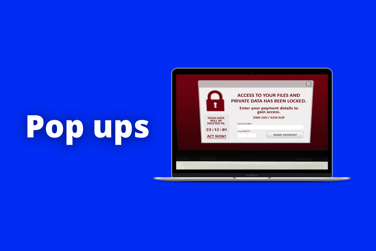 Pop ups: A imagem é um desenho e representa um computador onde mostra um pop up sendo aberto na página de navegação. O fundo da imagem é azul e tem - se escrito Pop Ups