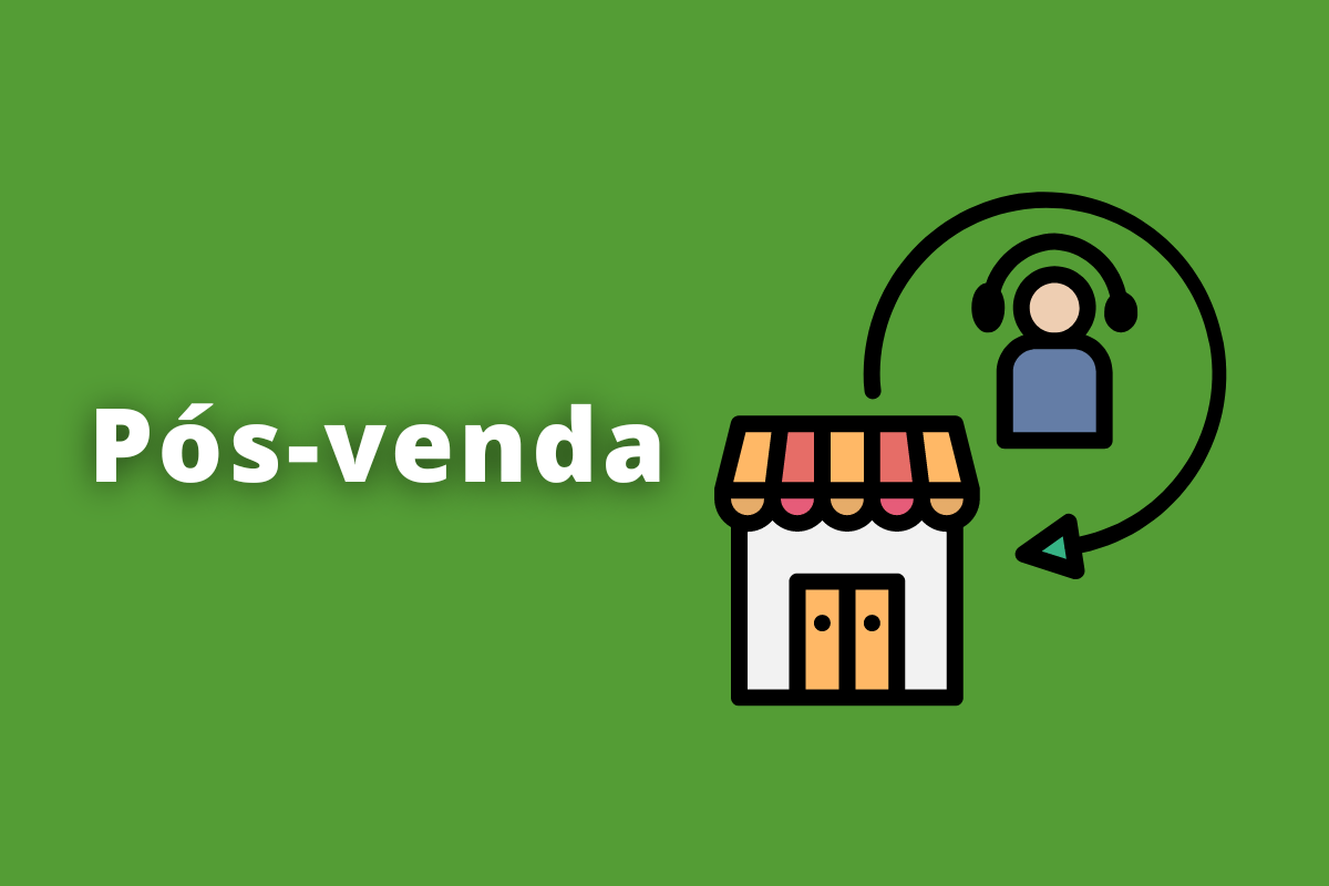Pós - venda: A imagem é um desenho e mostra como é o processo de vendas. O fundo da imagem é verde e tem - se escrito Pós - venda