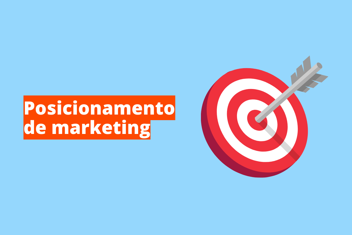 Montagem com fundo azul e frase Posicionamento de marketing em branco à esquerda com fundo laranja e símbolo web que representa o tema à direita com alvo e flecha cravada no centro
