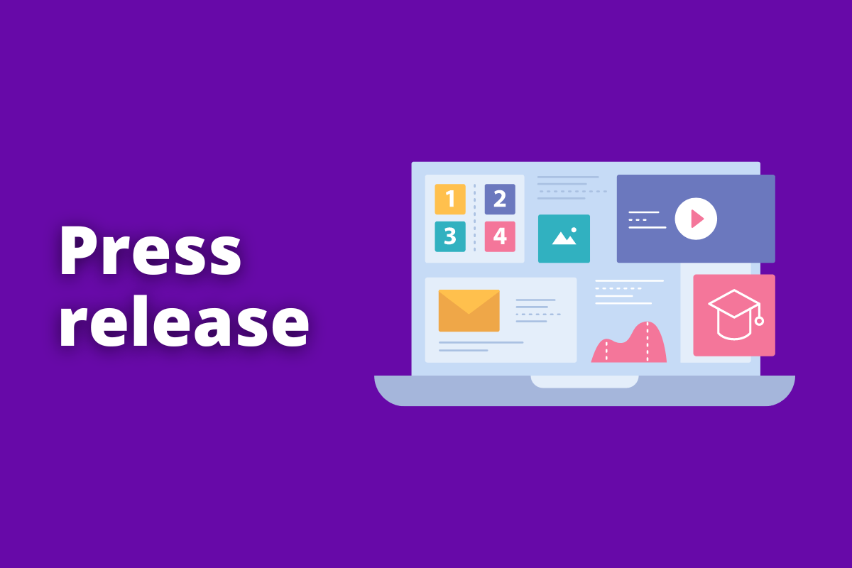 Montagem com fundo roxo e frase Press release em branco à esquerda e símbolo web que representa o tema à direita