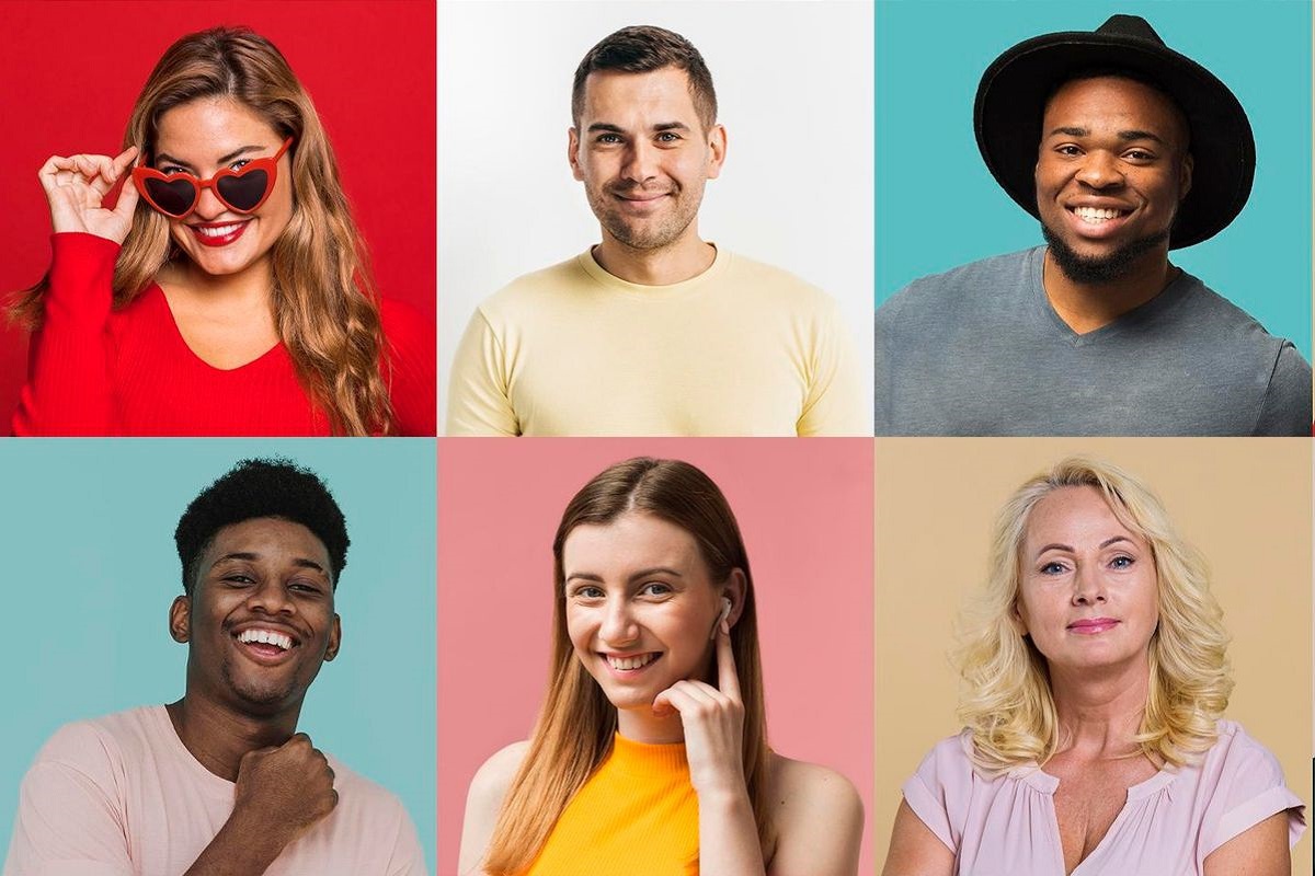 Pessoas sorridentes: Processos de marketing Montagem com rostos de três homens e três mulheres sorridentes e com roupas de verão