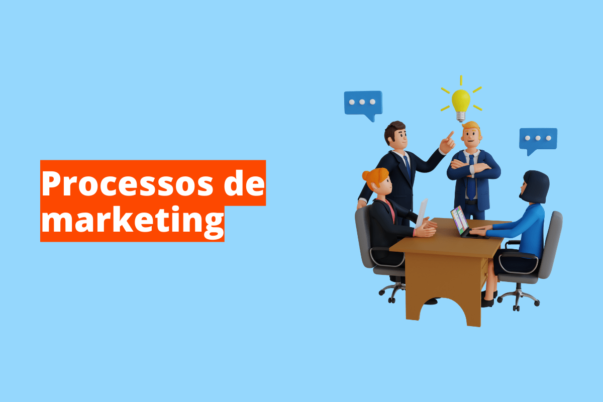 Montagem com fundo azul e frase Processos de marketing em branco à esquerda com fundo laranja e símbolo web que representa o tema à direita