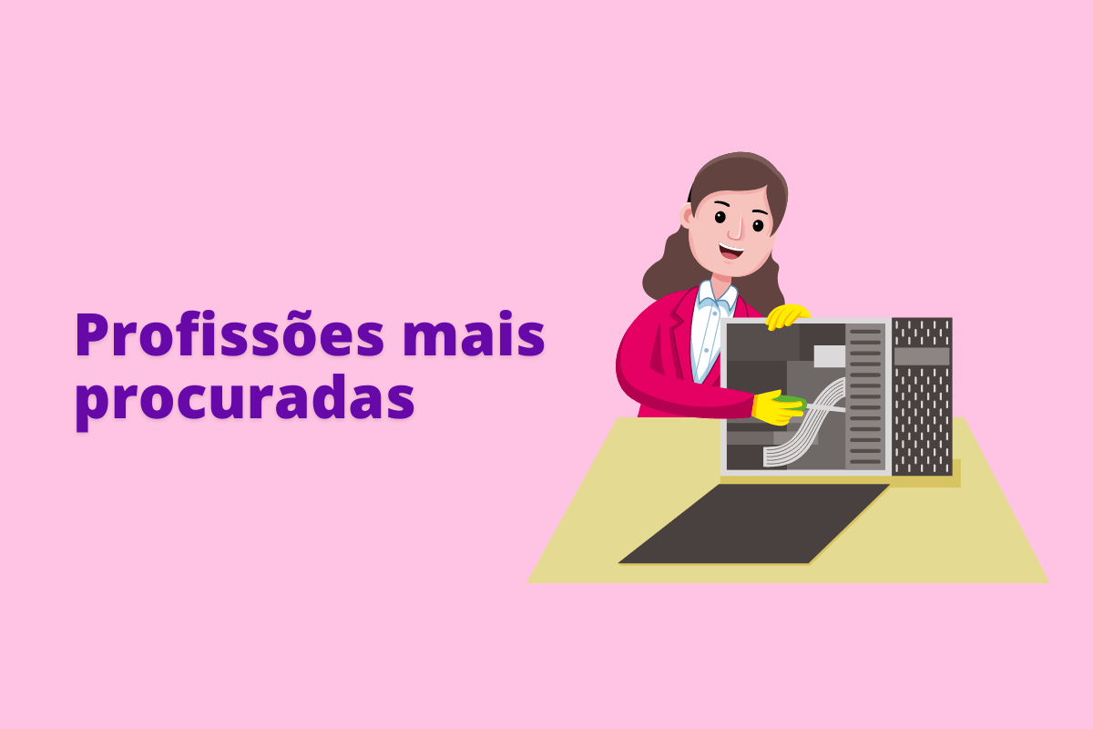 Montagem com fundo rosa e frase Profissões mais procuradas em roxo com símbolo web à direita que representa o tema