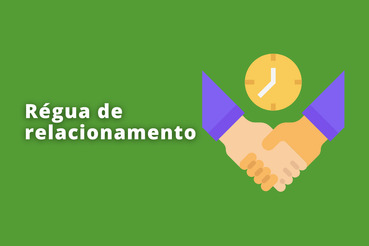 Régua de relacionamento: A imagem mostra um desenho de duas mãos sendo apertadas. O fundo da imagem é verde e tem - se escrito Régua de relacionamento.