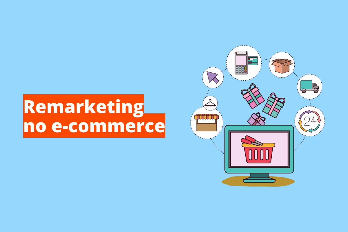 Montagem com fundo azul e frase Remarketing no e-commerce em branco à esquerda com fundo laranja e símbolo web que representa o tema à direita