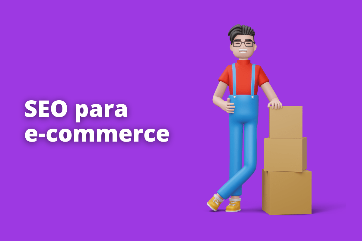 Montagem com fundo roxo e frase SEO para e-commerce em branco com símbolo web à direita que representa o tema
