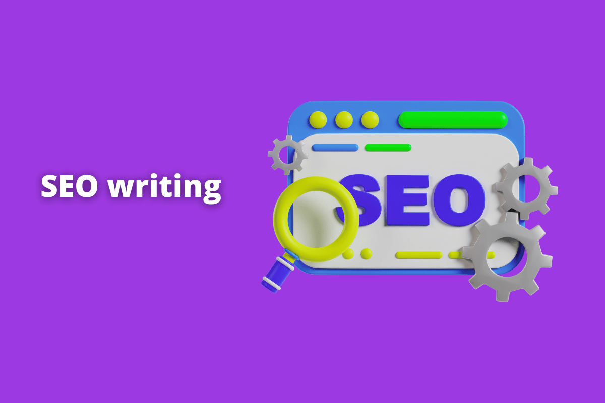 Jorge Moreno - Empreendedor Digital tela de dispositivo mostrando no nome seo, com uma lupa do lado e rodas de engrenagem. O fundo da imagem é roxo e tem-se escrito SEO writing