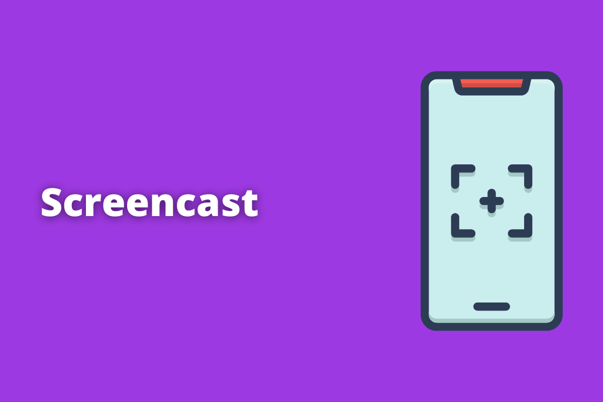 Montagem com fundo roxo e nome Screencast em branco à esquerda e símbolo web que representa o tema à direita