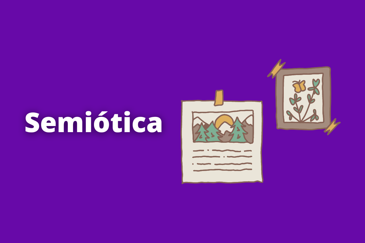 Montagem com fundo roxo e nome Semiótica em branco à esquerda e símbolo web que representa o tema à direita