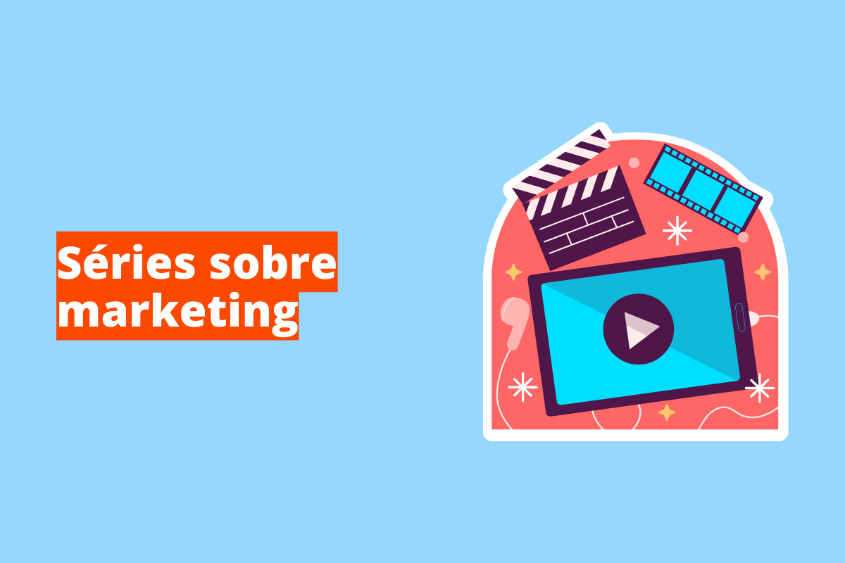 Montagem com fundo azul e frase Séries sobre marketing em branco à esquerda com fundo laranja e símbolo web que representa o tema à direita