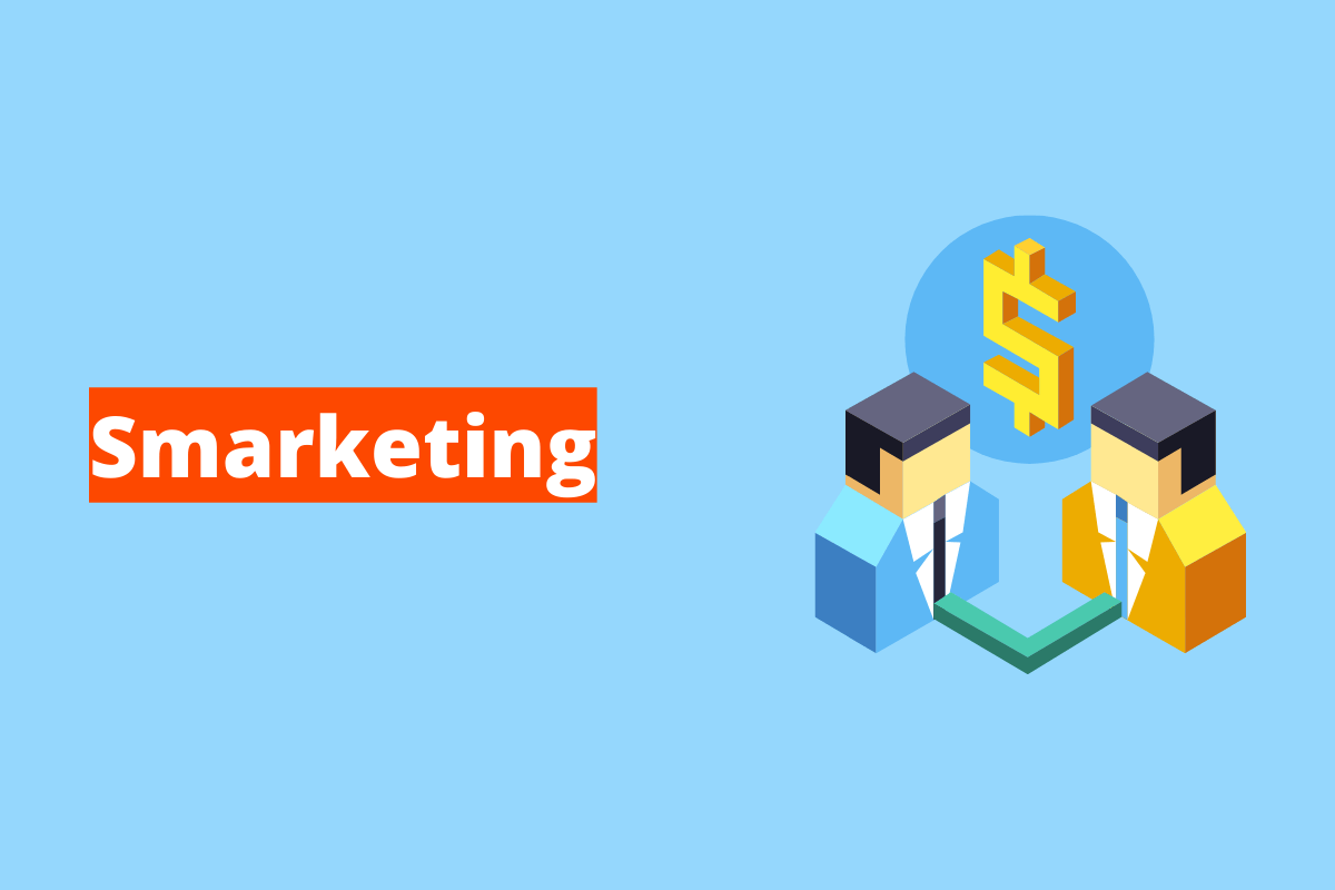 Montagem com fundo azul e nome Smarketing em branco à esquerda com fundo laranja e símbolo web que representa o tema à direita