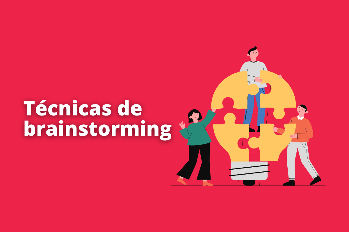 Montagem com fundo vermelho e frase Técnicas de Brainstorming em branco à esquerda e símbolo web que representa o tema à direita