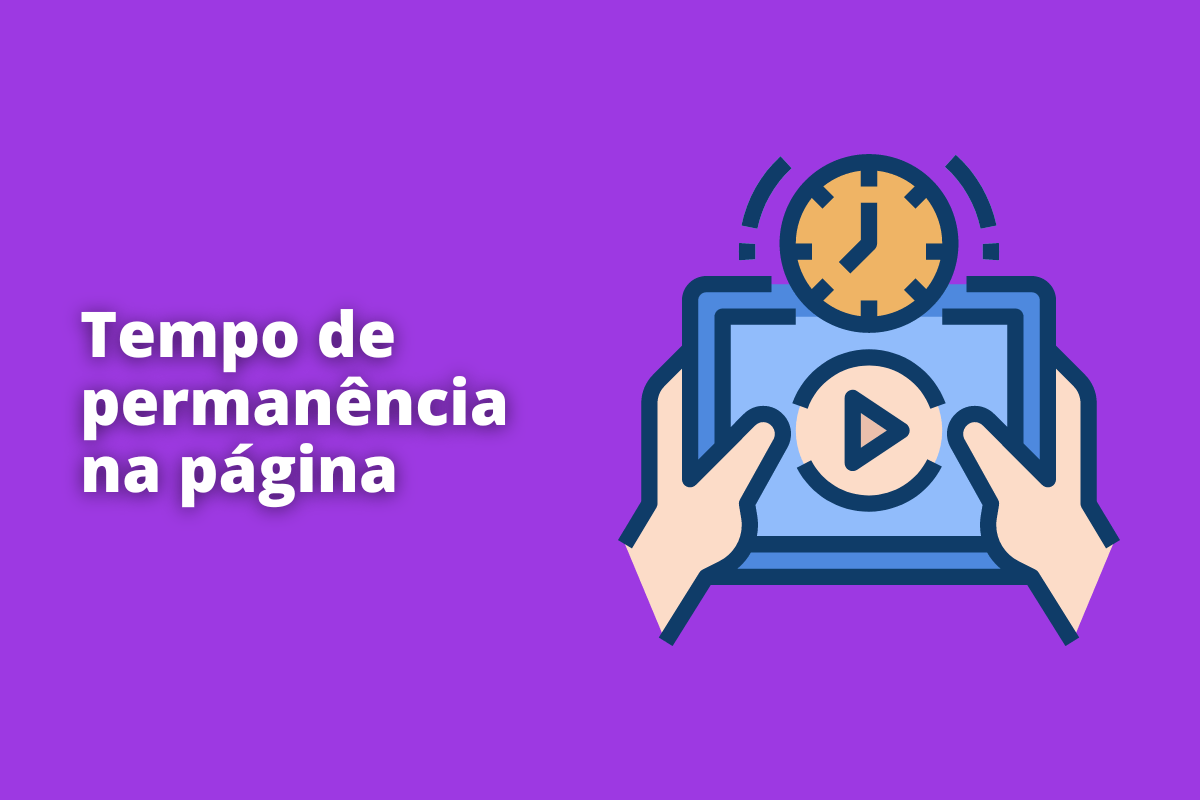 Montagem com fundo roxo e frase Tempo de permanência na página em branco à esquerda e símbolo web que representa o tema à direita