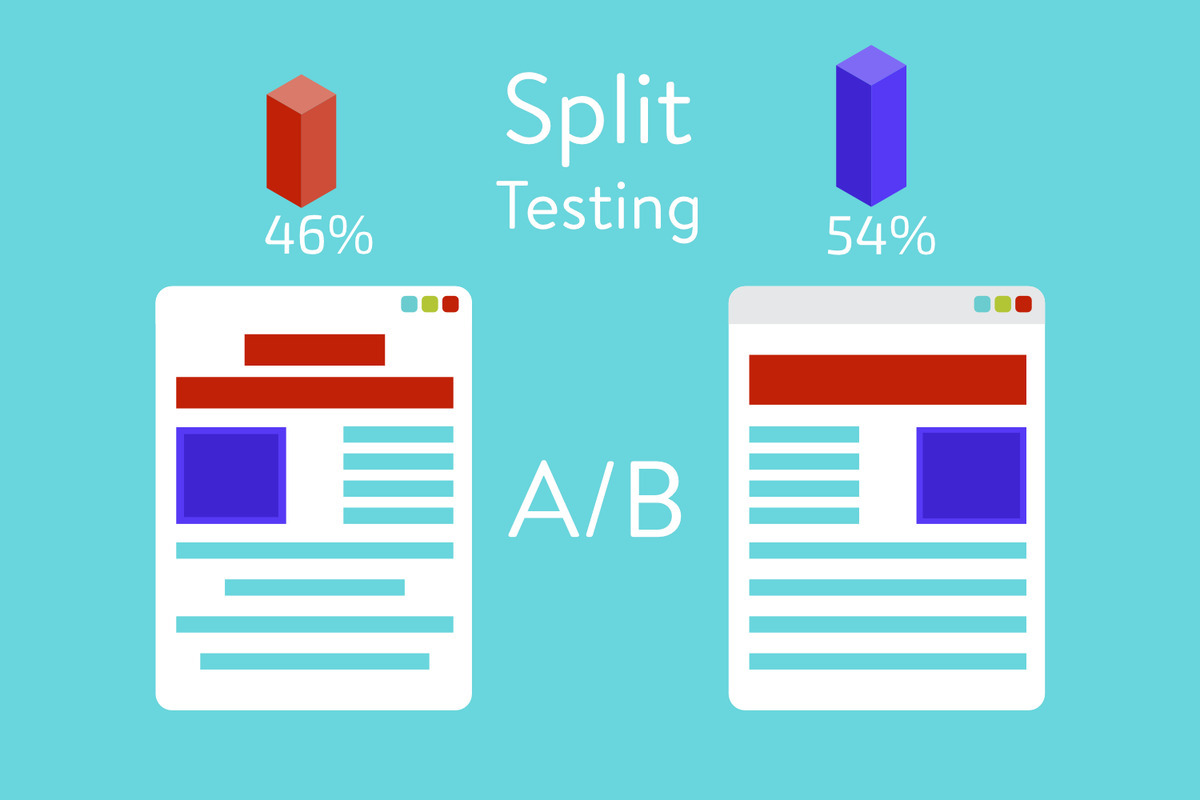 Montagem: Testes A/B para landing pages Montagem com símbolos web que representam layout de landing page com nomes em inglês Split testing A/B