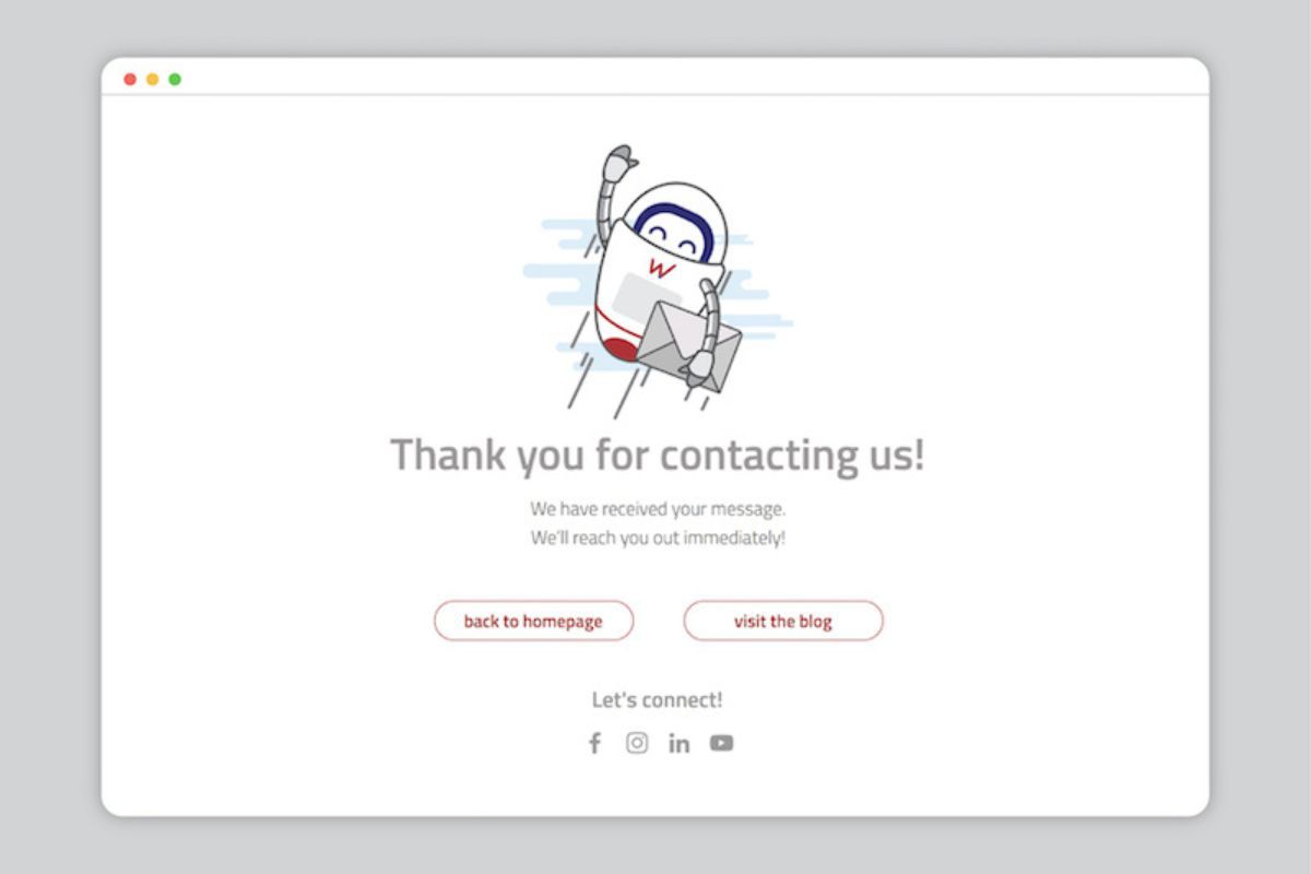 Página de agradecimento de contato escrito em inglês