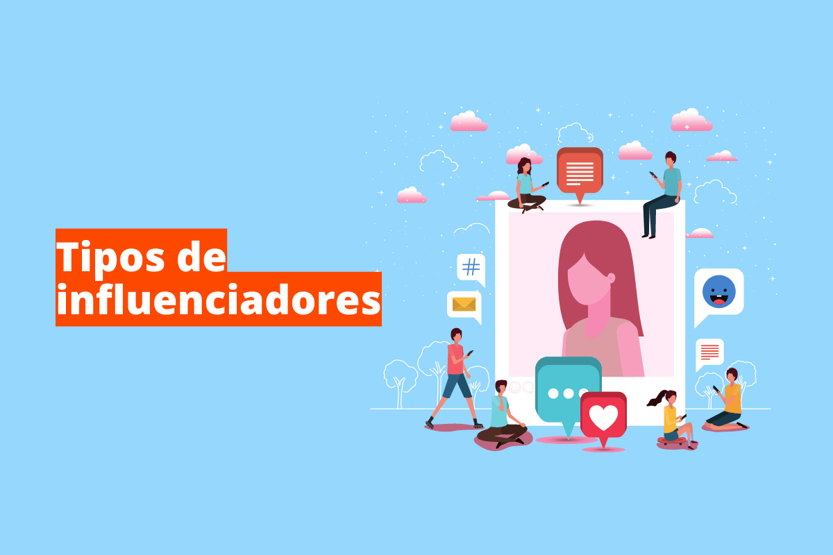 Montagem com fundo azul e frase Tipos de influenciadores em branco à esquerda com fundo laranja e símbolo web que representa o tema à direita