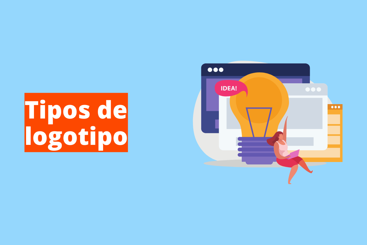 Montagem com fundo azul e frase Tipos de logotipo em branco à esquerda com fundo laranja e símbolo web que representa o tema à direita