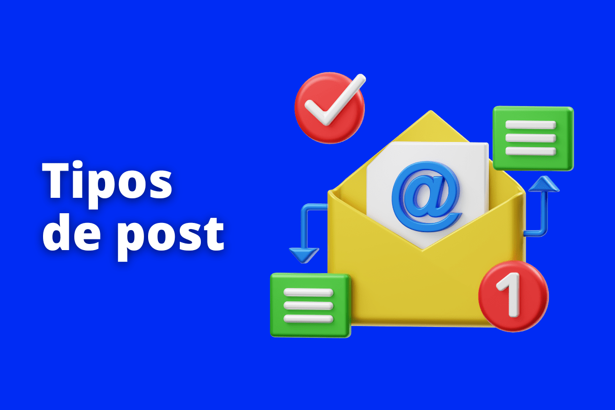 Montagem com fundo azul e frase Tipos de post em branco com símbolo web à direita que representa o tema