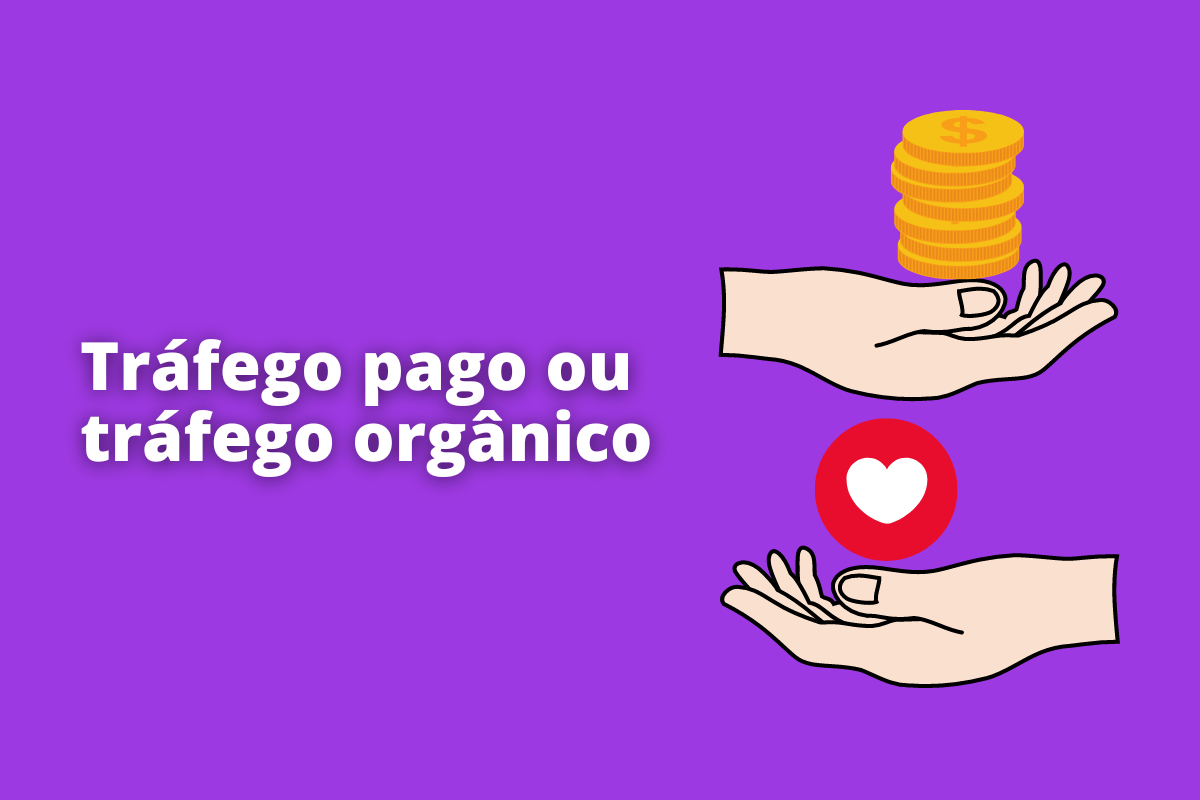Montagem com fundo roxo e frase Tráfego pago ou tráfego orgânico em branco à esquerda e símbolo web que representa o tema à direita