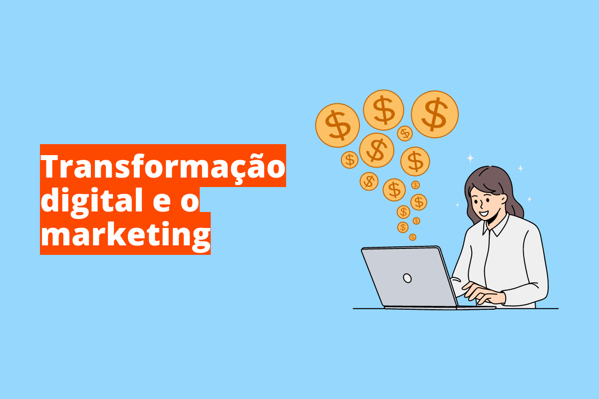 Montagem com fundo azul e frase Transformação digital e o marketing em branco à esquerda com fundo laranja e símbolo web que representa o tema à direita