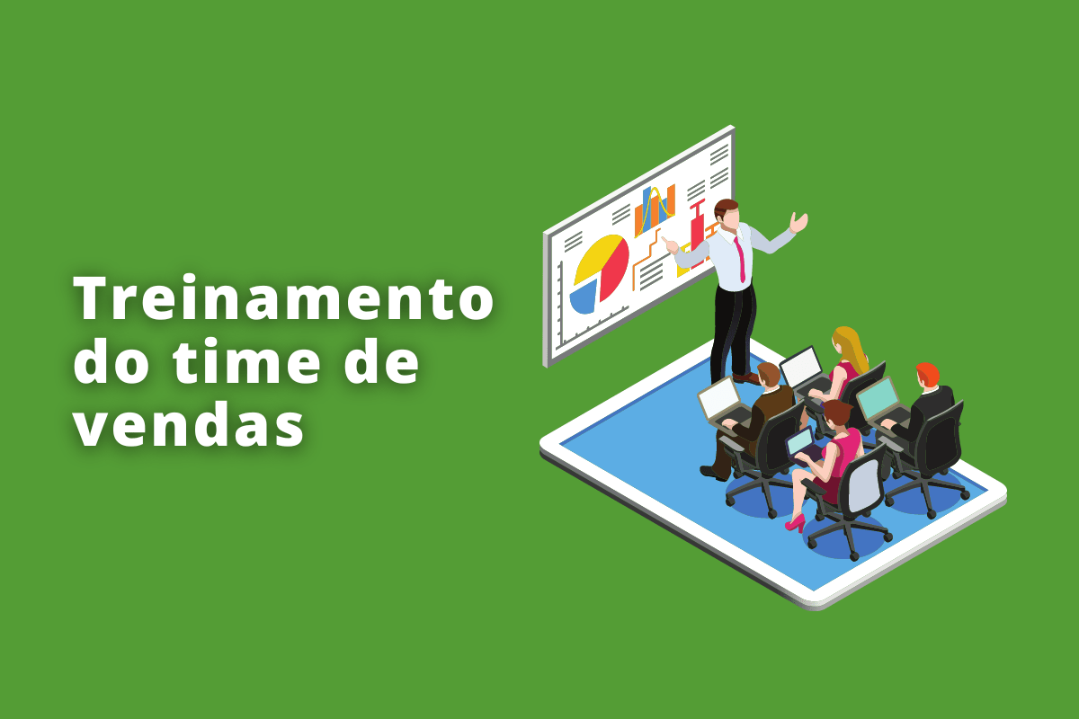 Montagem com fundo verde e frase Treinamento do time de vendas em branco à esquerda e símbolo web que representa o tema à direita