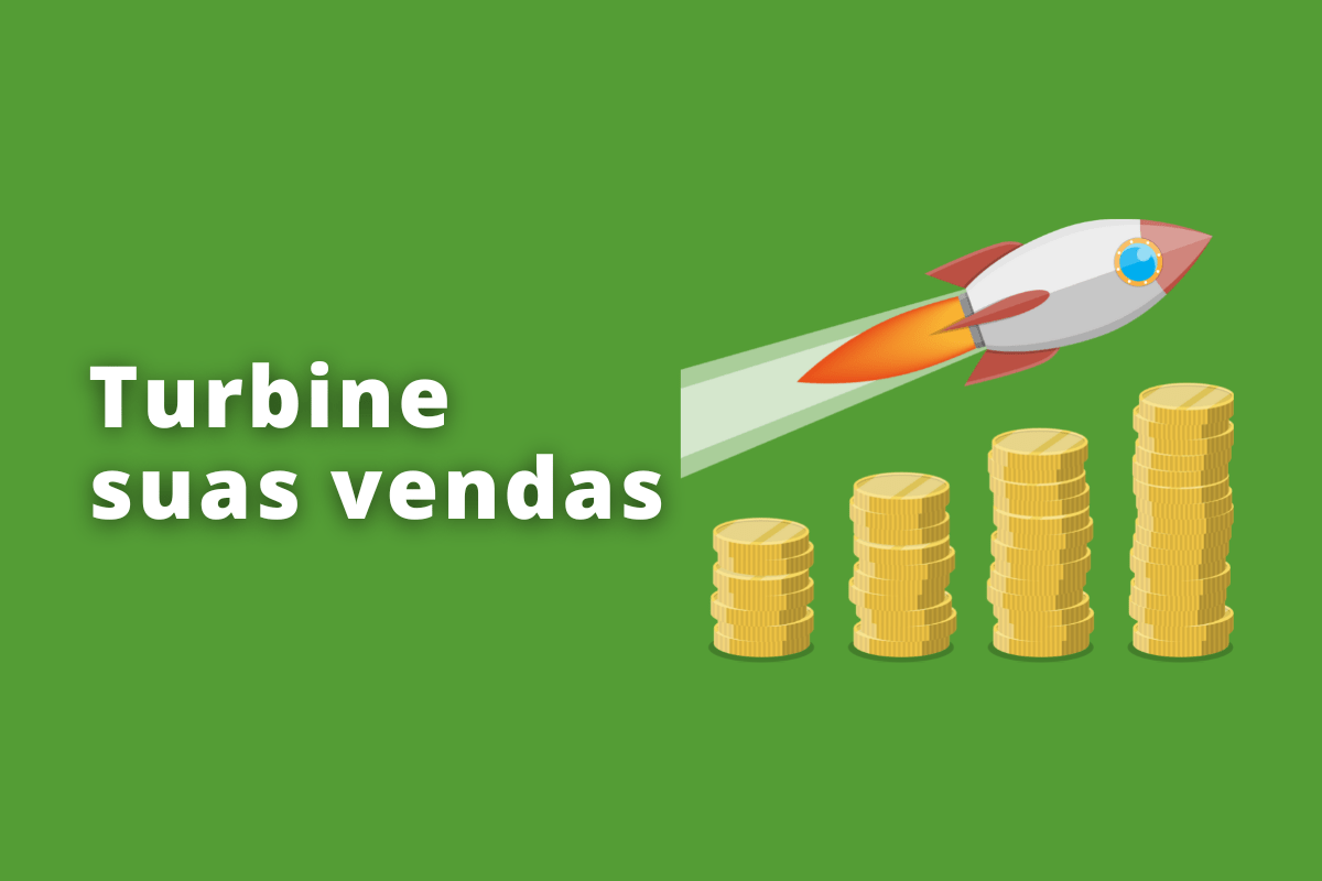 Montagem com fundo verde e frase Turbine suas vendas em branco à esquerda e símbolo web que representa o tema à direita