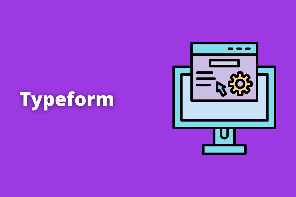 Montagem com fundo roxo e nome Typeform em branco à esquerda e símbolo web que representa o tema à direita
