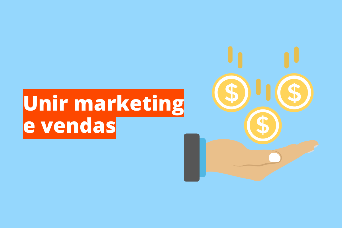 Montagem com fundo azul e frase Unir marketing e vendas em branco à esquerda com fundo laranja e símbolo web que representa o tema à direita