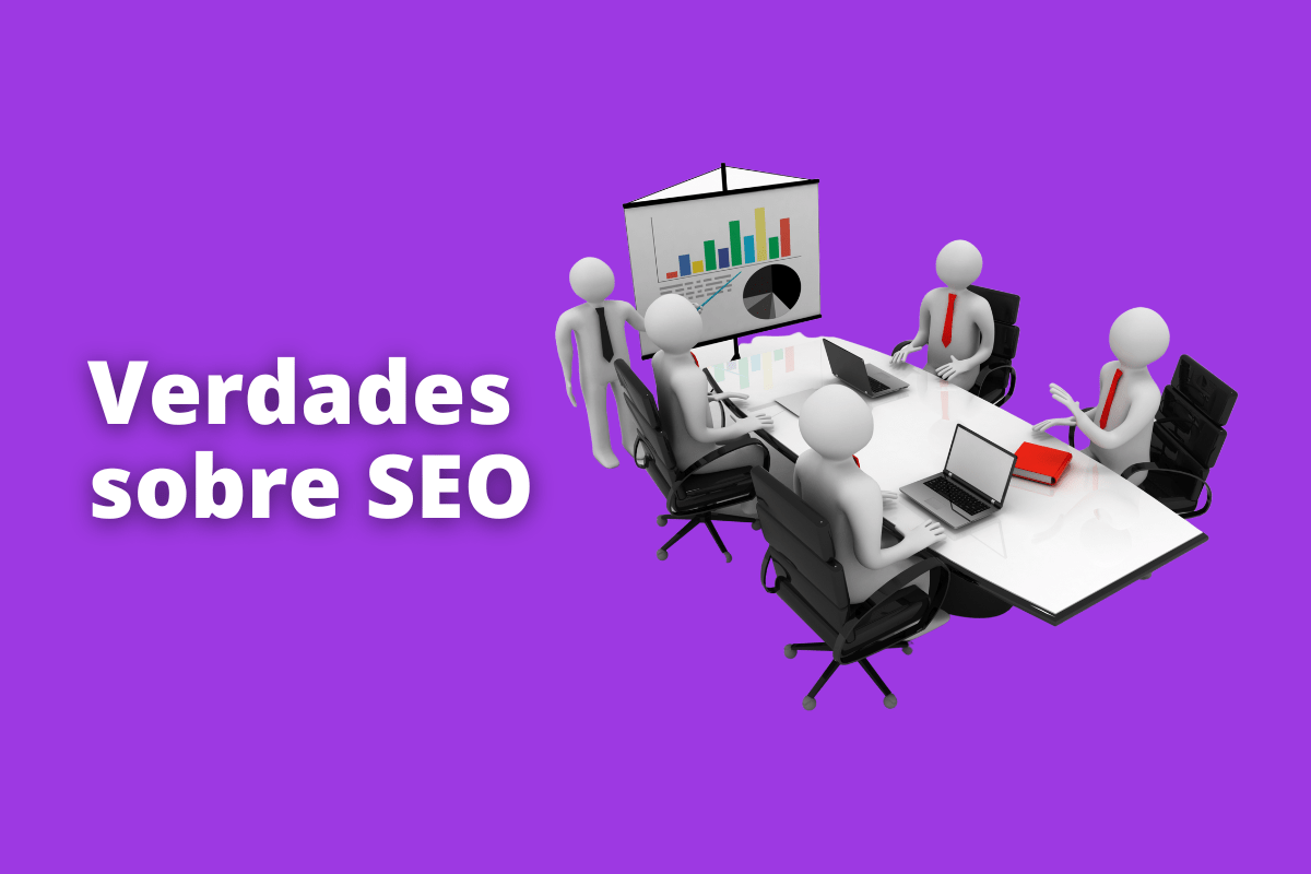 Montagem com fundo roxo e frase Verdades sobre SEO em branco à esquerda e símbolo web que representa o tema à direita