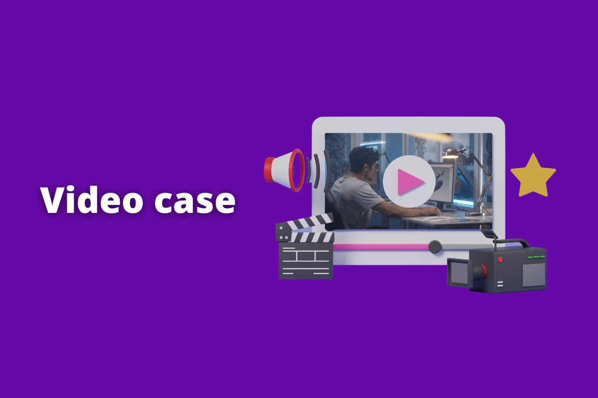 Video case: A imagem é um desenho, são representados diversos itens que dão a ideia de filmagens. O fundo da imagem é roxo e tem - se escrito Video case