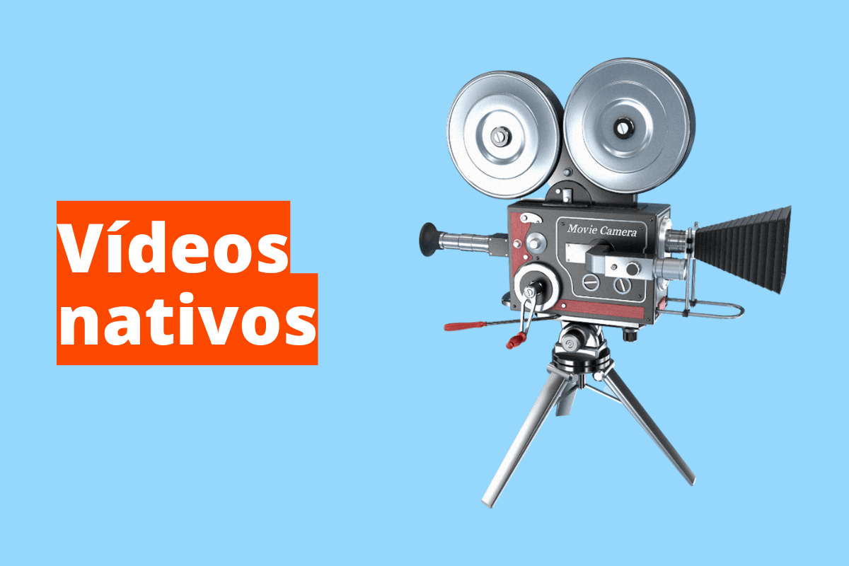 Montagem com fundo azul e frase Vídeos nativos em branco à esquerda com fundo laranja e símbolo web que representa o tema à direita