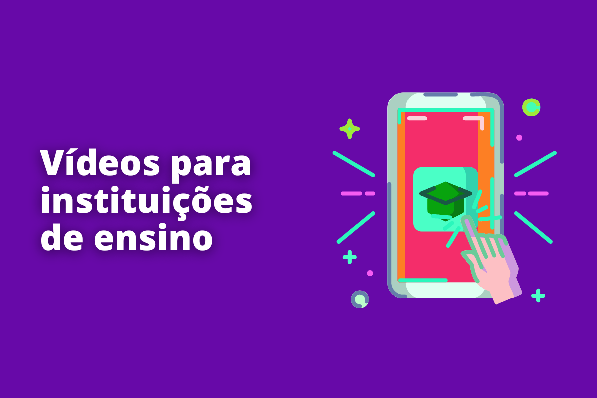 Montagem com fundo roxo e frase vídeos para instituições de ensino em branco à esquerda e símbolo web que representa o tema à direita
