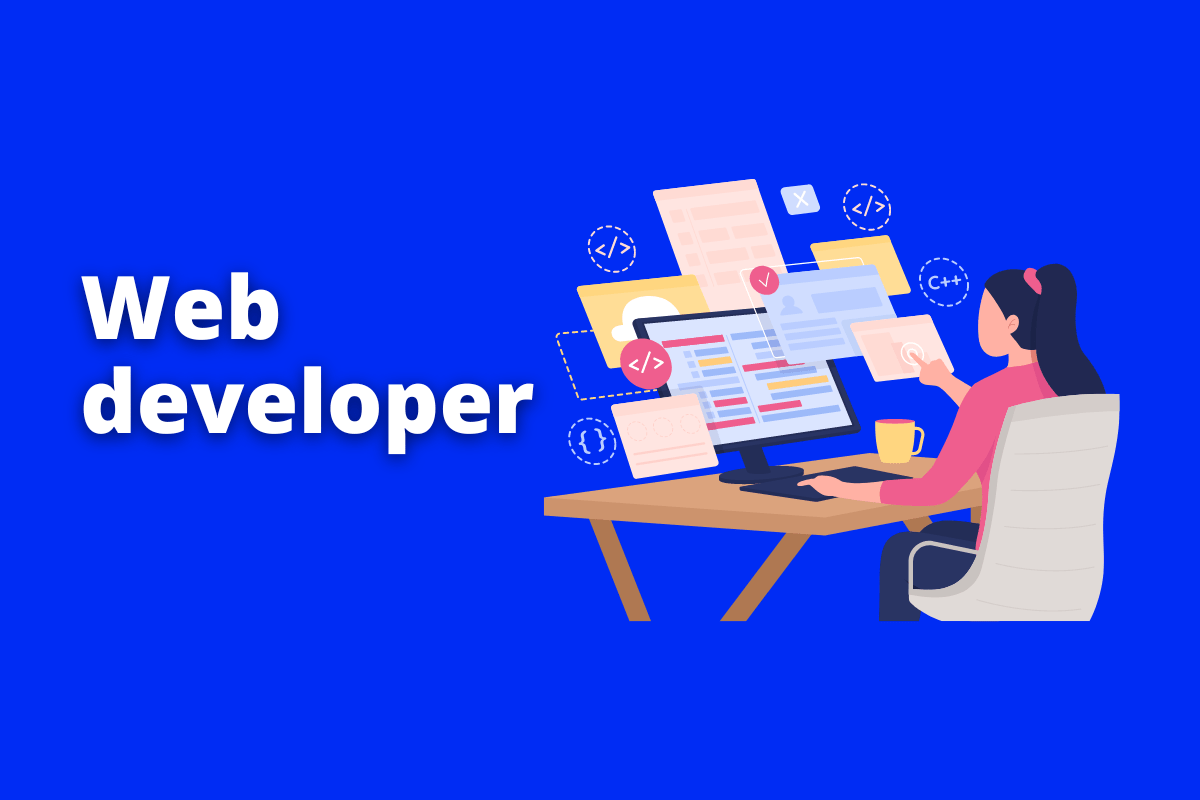 Montagem com fundo azul e frase Web developer em branco à esquerda e símbolo web que representa o tema à direita