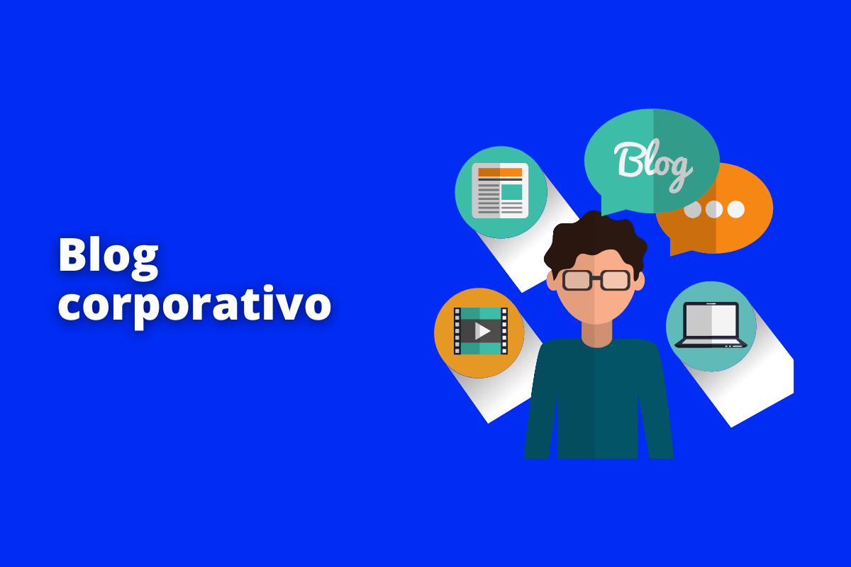 homem de óculos com vários símbolos ao seu redor representando o mundo corporativo. O fundo da imagem é azul e tem-se escrito blog corporativo
