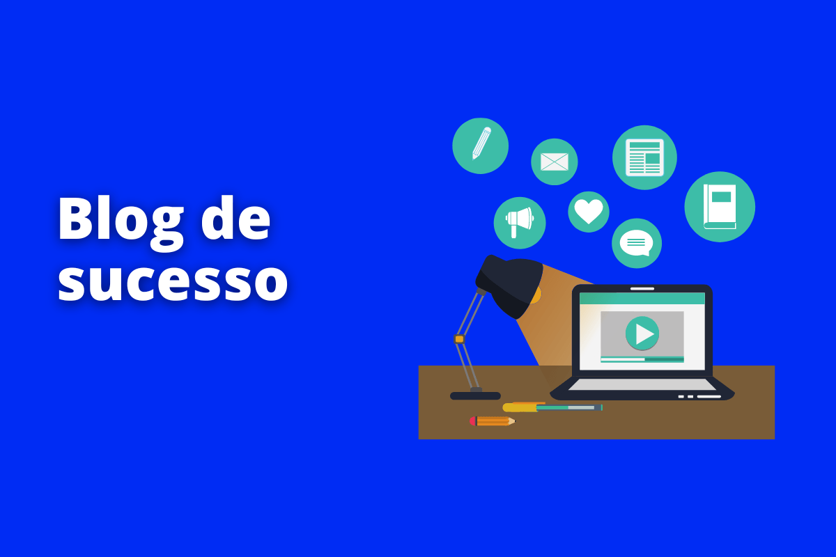 Jorge Moreno - Empreendedor Digital laptop em cia de uma mesa com uma luminária. O fundo da imagem é azul e tem-se escrito blog de sucesso