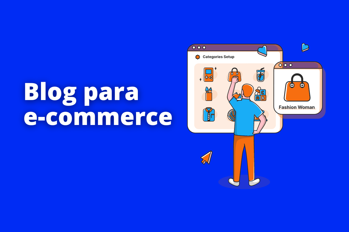 pessoa mexendo em uma tela gigante fazendo compras online. O fundo da imagem é azul e tem-se escrito blog para e-commerce