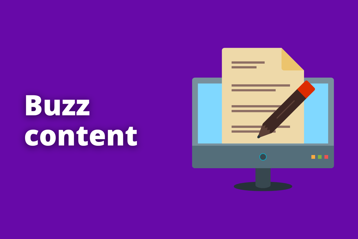 tela de computador com um papel e caneta na frente. O fundo da imagem é roxo e tem-se escrito buzz content