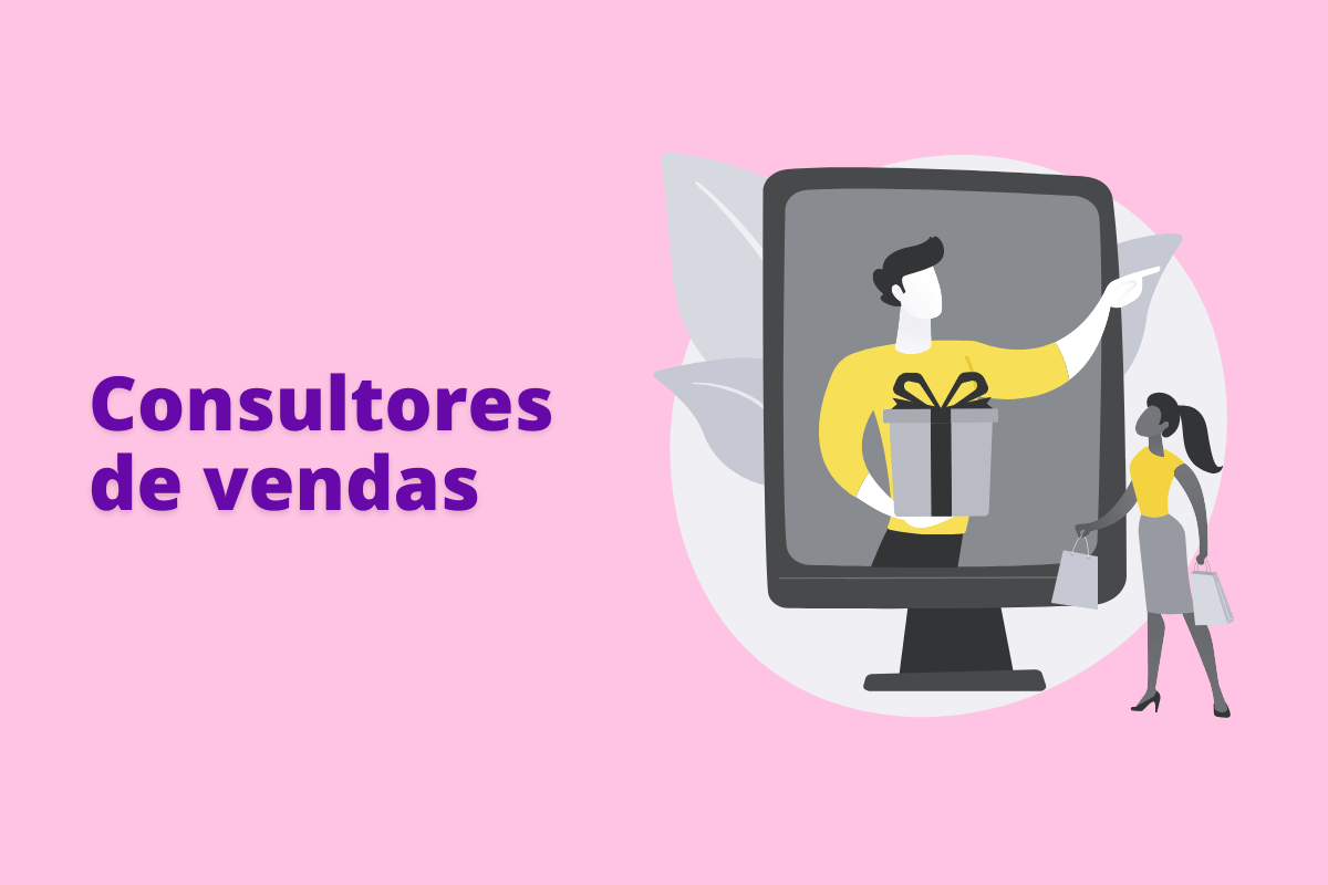 Consultores de vendas: A imagem mostra um vendedor online e seu cliente do outro lado da tela. O fundo da imagem é rosa claro e tem - se escrito Consultores de vendas.
