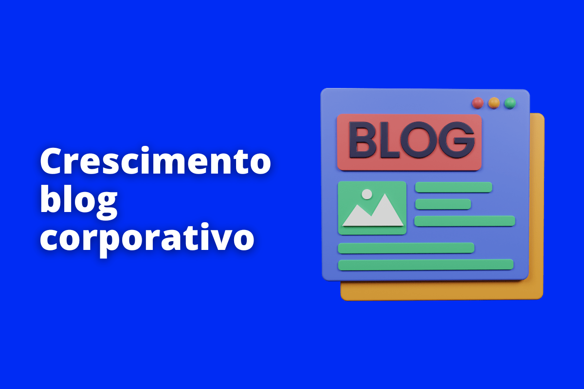 Crescimento blog corporativo: A imagem é um desenho e representa uma página inicial de um blog. O fundo da imagem é azul e tem - se escrito Crescimento blog corporativo