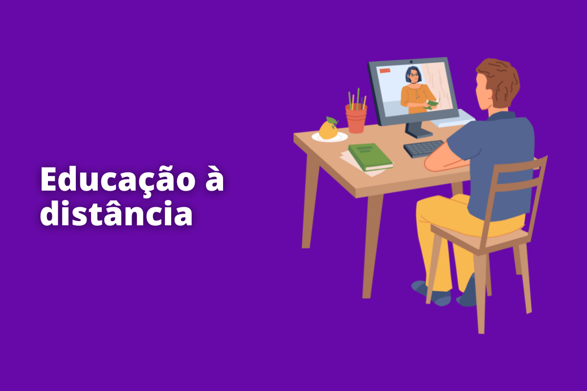 homem sentado, estudando pelo computador. O fundo da imagem é roxo e tem-se escrito educação à distância