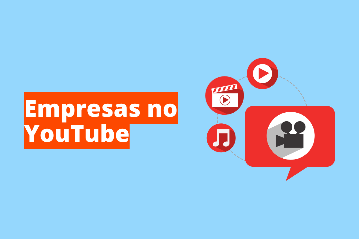 vários símbolos que representam o youtube. O fundo da imagem é azul e tem-se escrito empresas no YouTube